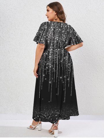 Plus Size 3D Sparkles Light Beam Printed Split Flutter Sleeves A Line Dress