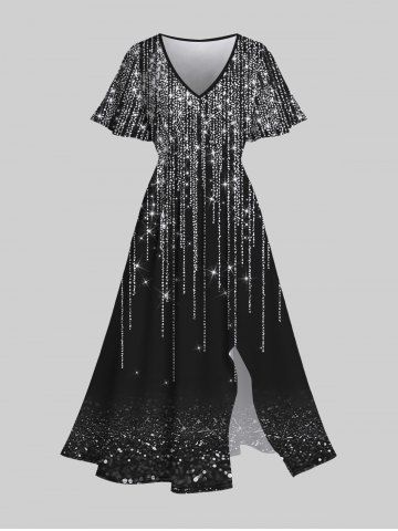 Plus Size 3D Sparkles Light Beam Printed Split Flutter Sleeves A Line Dress
