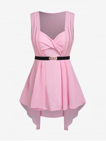 Plus Size Twist Pleated Asymmetric Textured 2 in 1 Tank Top with Belt - LIGHT PINK - 1X | US 14-16