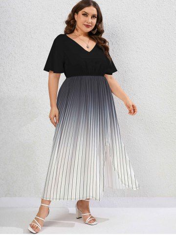 Plus Size Ombre Striped Split Flutter Sleeves A Line Dress