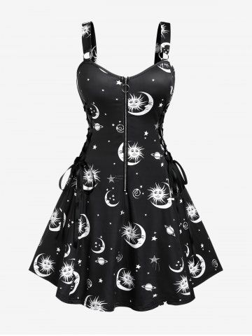 Plus Size Half Zipper Backless Moon Sun Printed Lace Up A Line Dress