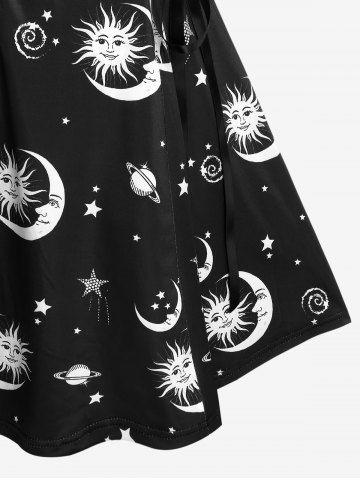 Plus Size Half Zipper Backless Moon Sun Printed Lace Up A Line Dress