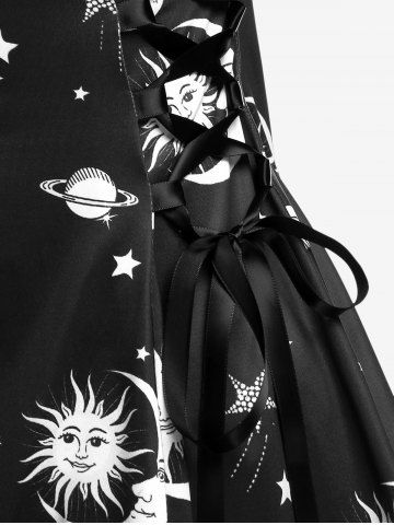 Plus Size Half Zipper Backless Moon Sun Printed Lace Up A Line Dress