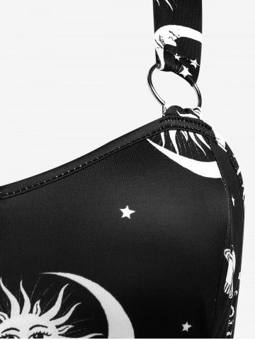 Plus Size Half Zipper Backless Moon Sun Printed Lace Up A Line Dress