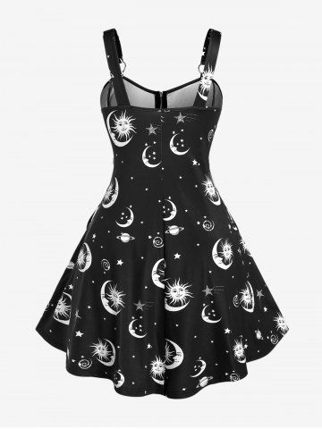 Plus Size Half Zipper Backless Moon Sun Printed Lace Up A Line Dress