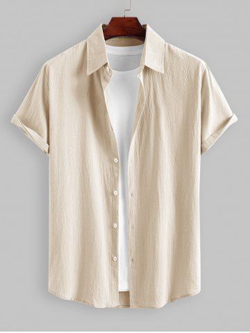 Men's Cotton And Linen Textured Asymmetric Hem Summer Comfortable Casual Short Sleeves Shirt - LIGHT COFFEE - XXL