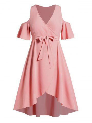 Robe Haute Basse Ceinturée Superposée Plongeante à Epaule Dénudée de Grande Taille - LIGHT PINK - L