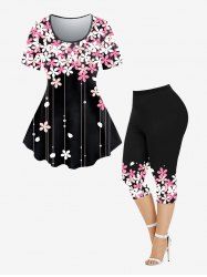 Plus Size Flower Printed Tee and Plus Size Flower Printed Tee Outfit Bundle -  