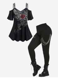 T-shirt Gothique Rétro Embelli de Cœur Imprimé à Epaule Dénudée et de Chaîne - Noir 