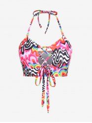 Plus Size Swirl Printed Lace-up Padded Halter Bikini Top Swimsuit -  