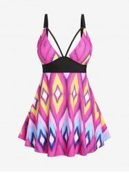 Plus Size Geo Padded Backless Strappy Tankini Top -  