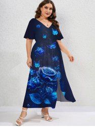 Plus Size 3D Flower Butterfly Printed High Waisted Slit A Line Dress -  