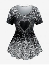 T-shirt Imprimé Coeur à Paillettes Grande Taille à Manches Courtes - Noir 5x | US 30-32