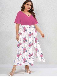 Plus Size V Neck Floral Print Split Dress -  