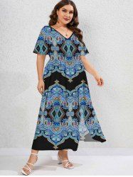 Plus Size Ethnic Printed Slit Flutter Sleeves A Line Dress -  
