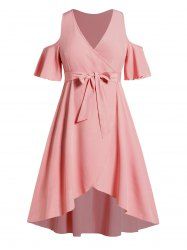 Plus Size Surplice Plunge Cold Shoulder Belted High Low Dress -  