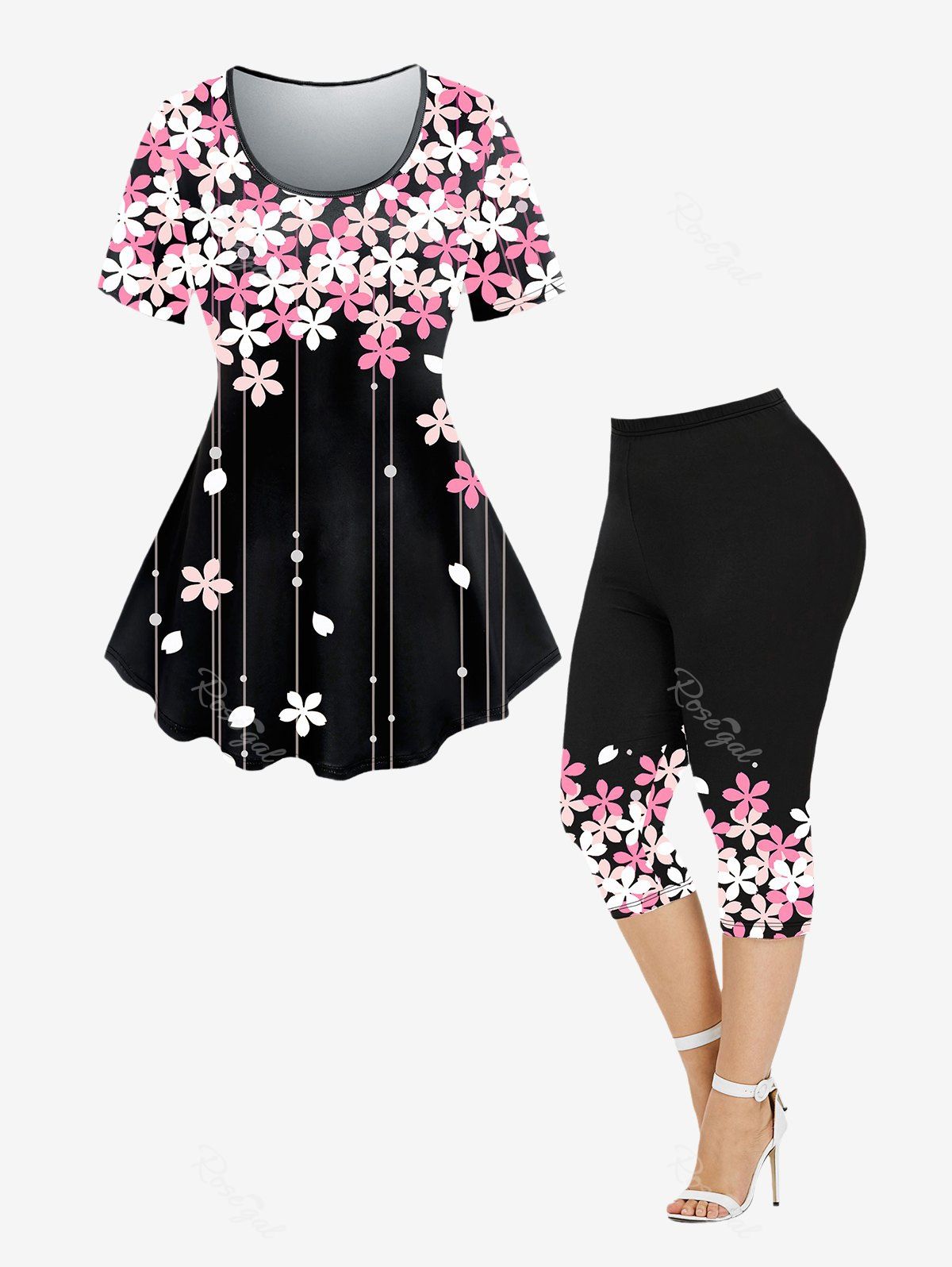 Store Plus Size Flower Printed Tee and Plus Size Flower Printed Tee Outfit Bundle  
