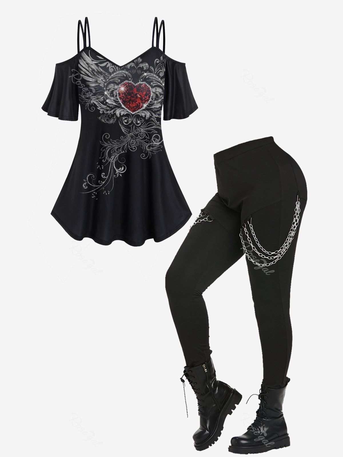T-shirt Gothique Rétro Embelli de Cœur Imprimé à Epaule Dénudée et de Chaîne Noir 