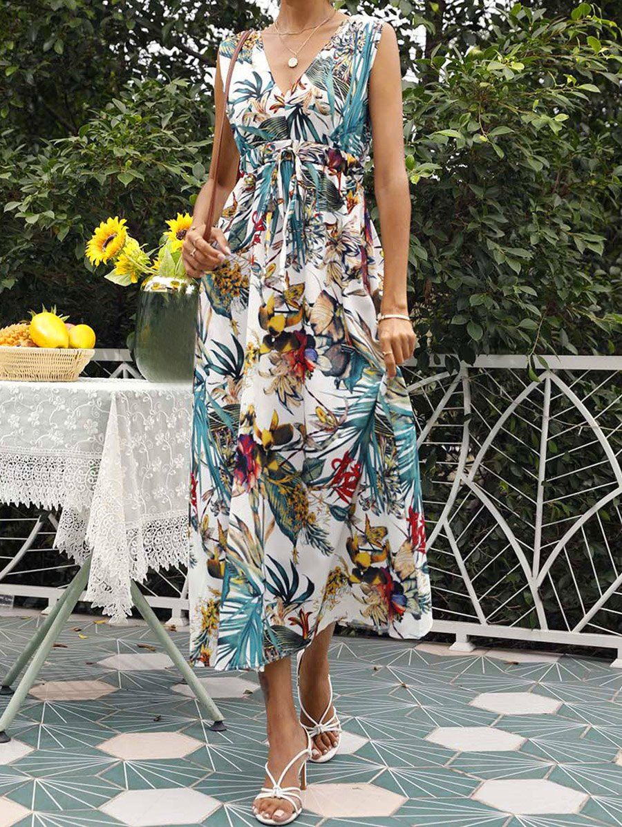 Robe de Vacances Mi-Longue Plongeante à Imprimé Fleur Feuille Tropicale Blanc L