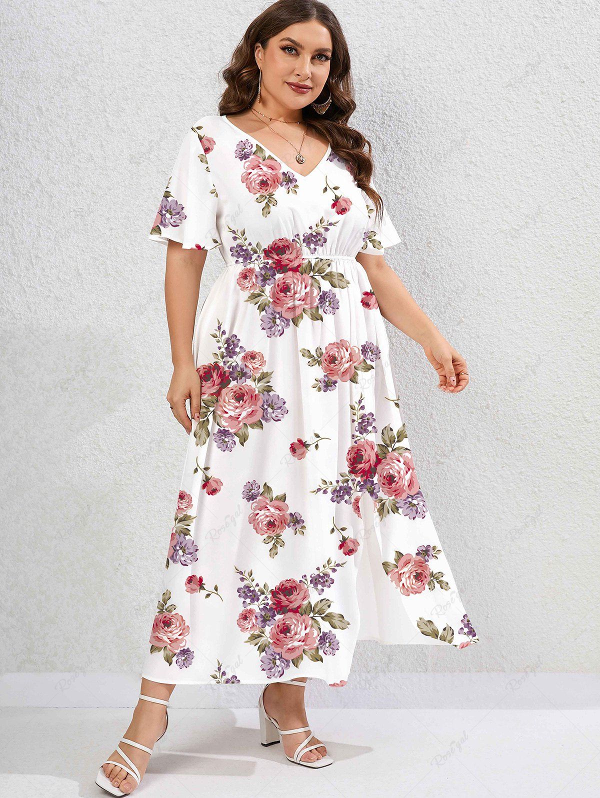 Trendy Plus Size Floral Print Split Hem Maxi Dress  