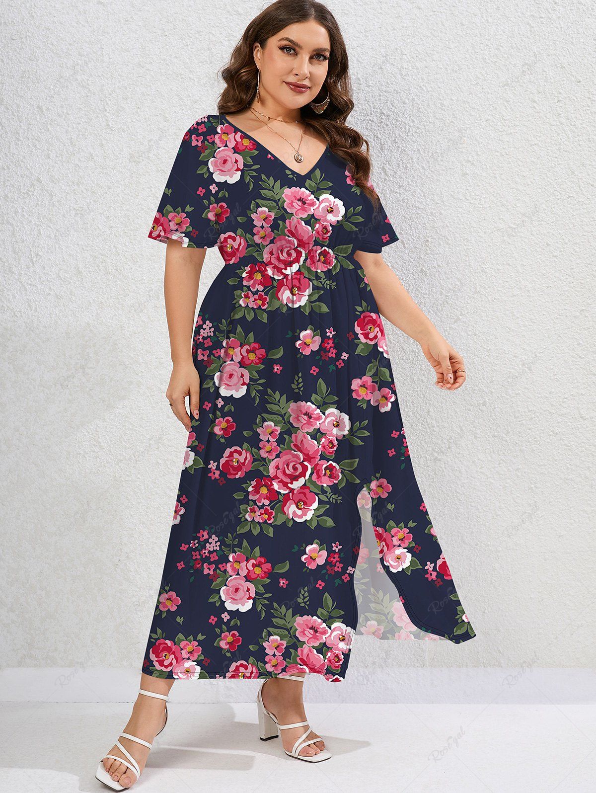 Fashion Plus Size Bloom Floral Split Hem Maxi Dress  