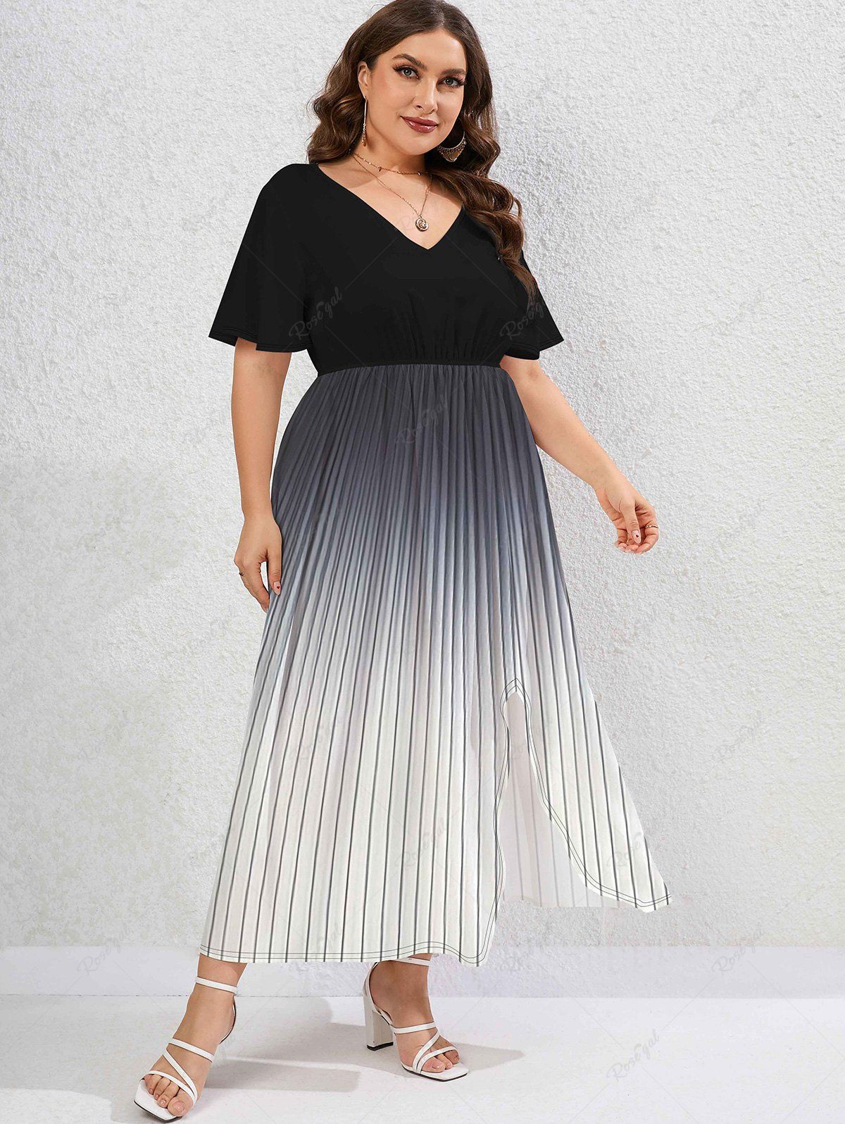Fancy Plus Size Ombre Striped Split Flutter Sleeves A Line Dress  