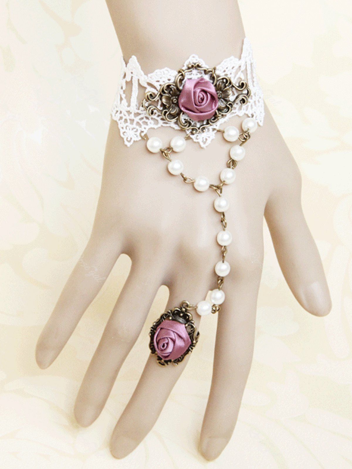 Online Vintage Rose Faux Pearl Decor Lace Mittens Bracelet  
