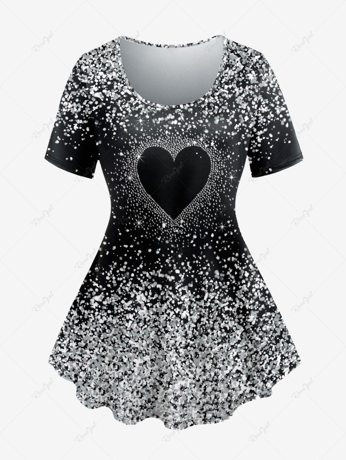 T-shirt Imprimé Coeur à Paillettes Grande Taille à Manches Courtes Noir 5x | US 30-32
