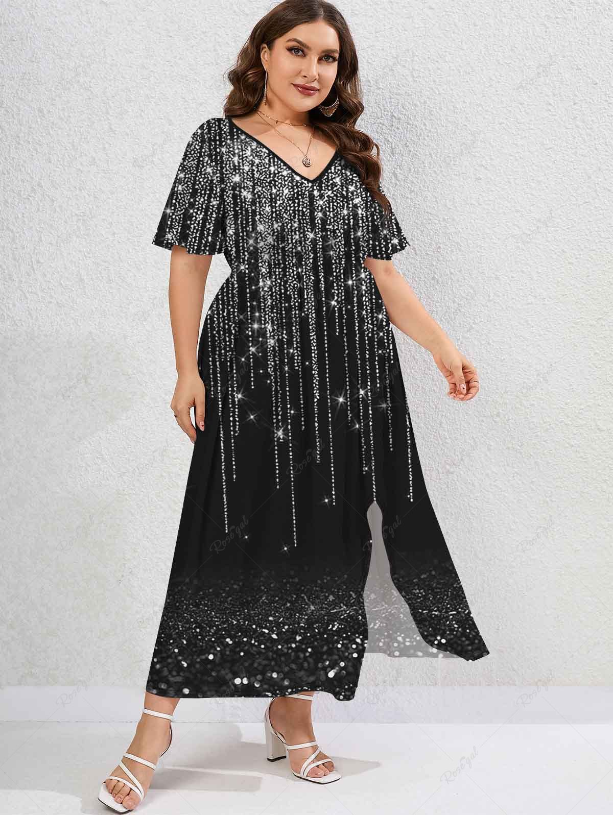 Shop Plus Size 3D Sparkles Light Beam Printed Split Flutter Sleeves A Line Dress  
