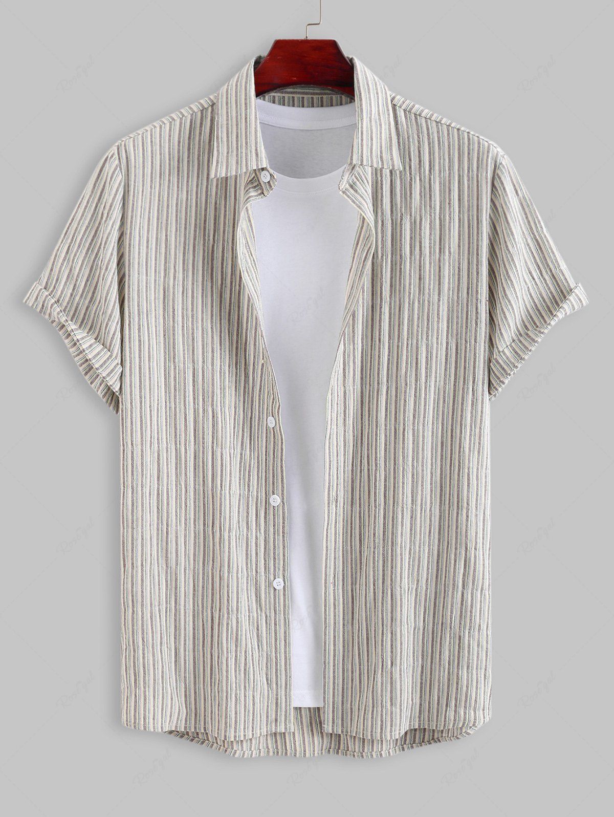 Shop Striped Pattern Cotton and Linen Textured Short Sleeves Shirt  