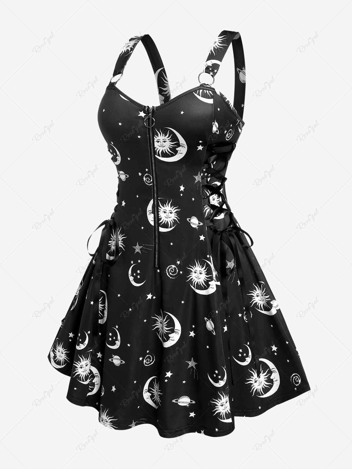 New Plus Size Half Zipper Backless Moon Sun Printed Lace Up A Line Dress  