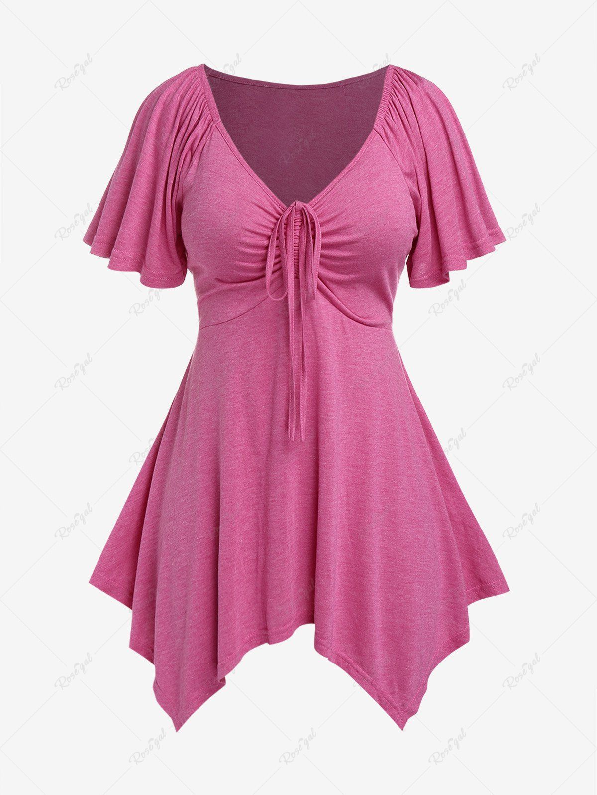 Fashion Plus Size Cinched Ruched Handkerchief Hem Butterfly Sleeve Top  