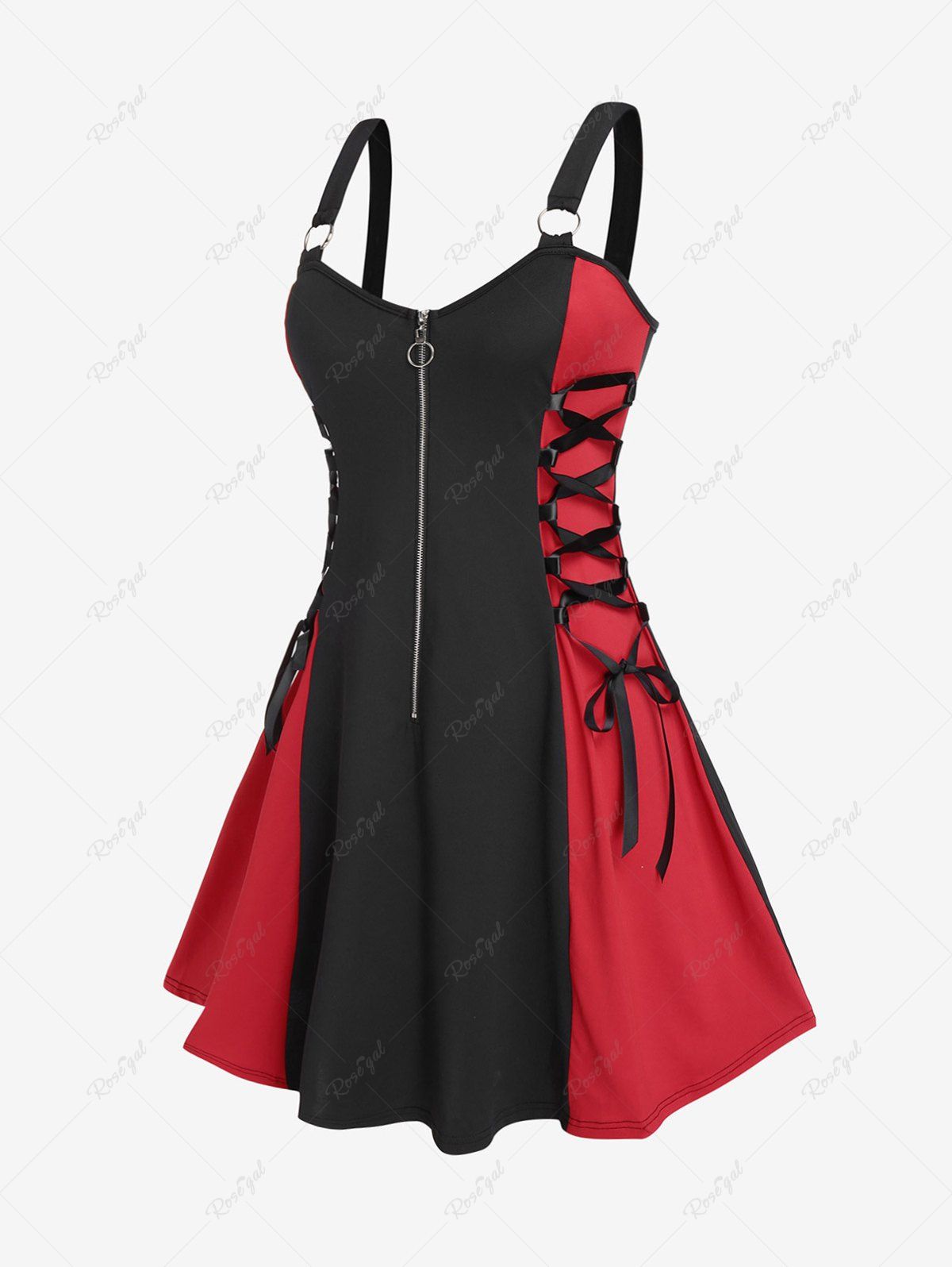 Best Gothic Colorblock Zip Front Lace-up Rings Tank Dress  