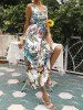 Robe de Vacances Mi-Longue Plongeante à Imprimé Fleur Feuille Tropicale - Blanc L