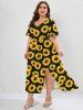 Plus Size Sunflower Printed Split Flutter Sleeves A Line Dress -  