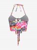 Plus Size Swirl Printed Lace-up Padded Halter Bikini Top Swimsuit -  