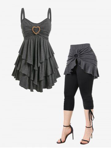 Plus Size Heart Buckle Ruched Tank Top and Cinched Ruched Flounce Skirted Capri Pants Outfit - GRAY