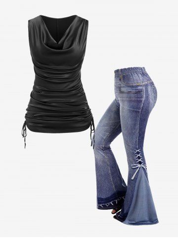 Cinched Ruched Cowl Neck Satin Tank Top and 3D Jeans Lace-up Flare Pants Plus Size Summer Outfit - BLACK