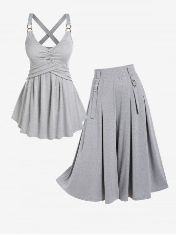 Ruched Crossover Ribbed Knitted Tank Top and Culotte Pants Plus Size Summer Outfit - LIGHT GRAY