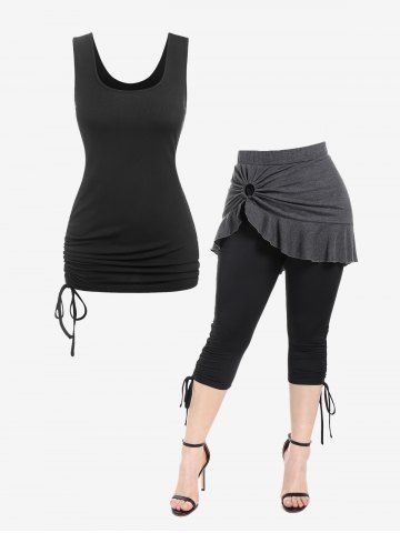 Cinched Ruched Ribbed Tank Top and Pull On Skirted Capri Pants Plus Size Summer Outfit - BLACK