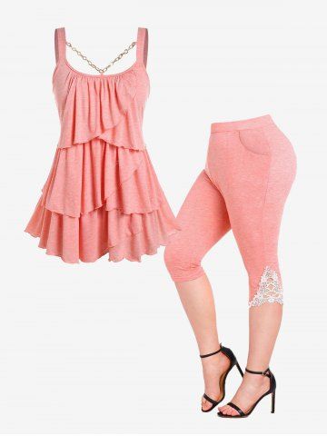 Layered Chain Embellish Tank Top and Lace Panel Capri Leggings Plus Size Summer Outfit - LIGHT PINK
