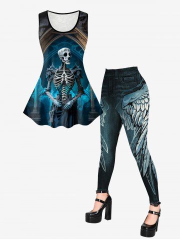 Gothic Vintage Skeleton Print Lace Panel Tank Top And Gothic Wing 3D Jean Print Jeggings Gothic Outfit - BLACK