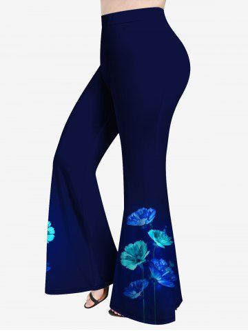 Pantalon Évasé Imprimé Floral 3D Grande Taille - BLUE - 4X | US 26-28