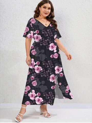 Plus Size V-Neck Rose Printed Split Dress