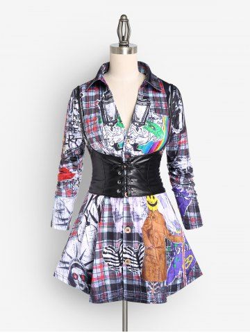 Gothic Plaid Graffiti Print Button Up Shirt And PU Leather Lace-up Harness Belt Gothic Outfit