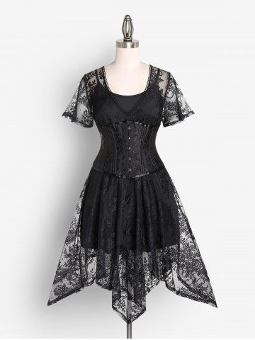 Gothic Embroidered Lace Handkerchief Hem Midi Dress And Gothic Lace-up Boning Underbust Brocade Corset Gothic Outfit - BLACK