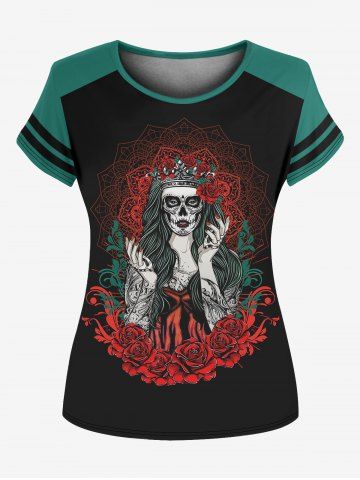 Gothic 3D Figure And Rose Printed Short Sleeve T-Shirt - BLACK - M