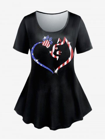 T-shirt 3D Drapeau Américain et Chat Imprimé de Grande Taille à Manches Courtes