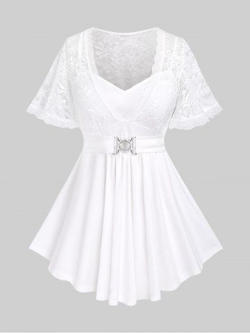 Plus Size Lace Panel Short Sleeves 2 in 1 Top - WHITE - M | US 10
