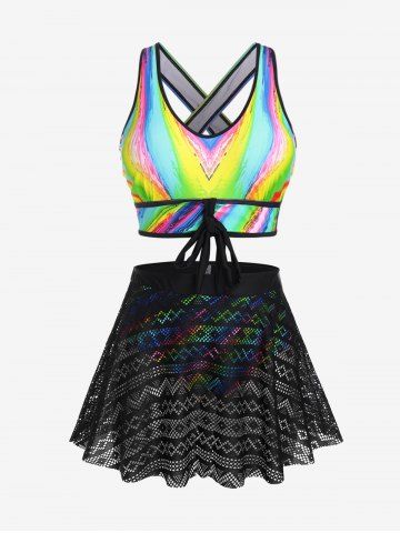 Plus Size Swirls Printed Tie Crisscross Padded Lace Skort Tankini Set Swimsuit - MULTI-A - L | US 12